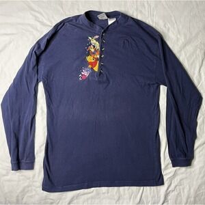 Disney Store Pooh Tigger Piglet Thermal Shirt Adult Size Large Blue Long Sleeve